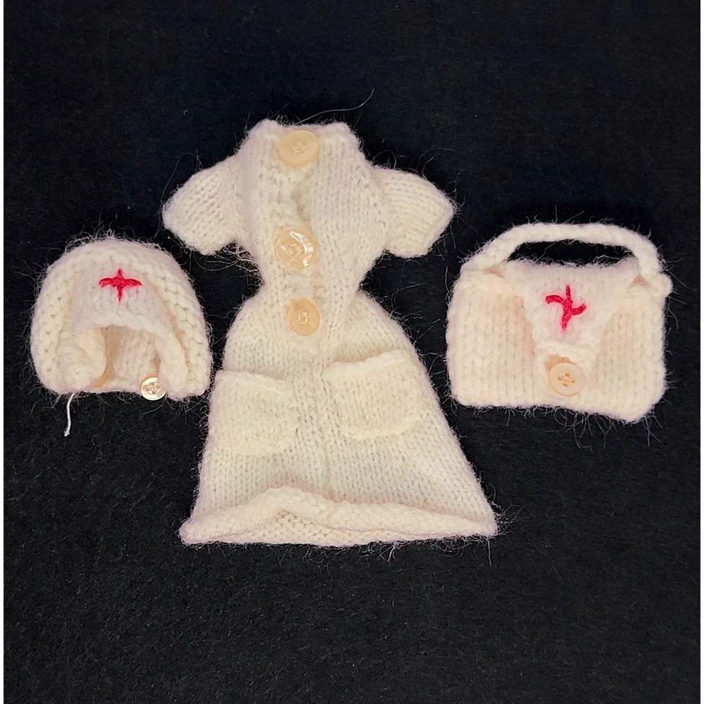 VINTAGE 1960s Hand Knit Angora 11.5 Doll Nurse Uniform Dress Hat & Medical Bag